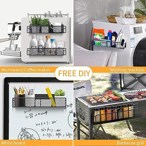 Magnetic Spice Rack for Refrigerator, 6 Pack 100% Metal Strong Magnet Shelf Black, Space Saving Spice Organizer, Home Kitchen Laundry Room Storage Organization W/ Paper Towel Holder, Utensils Racks 7