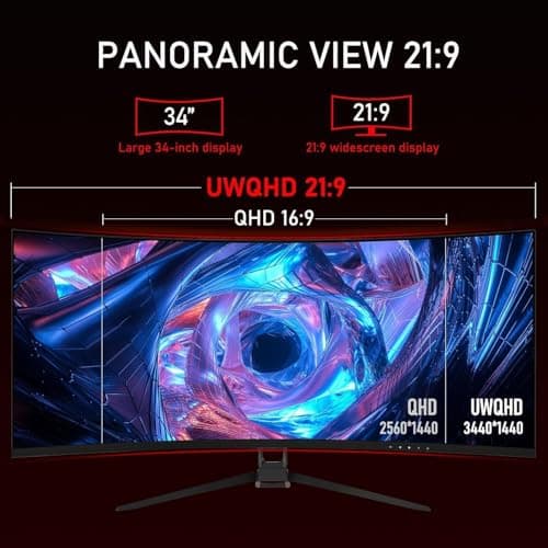 ZZA 34" Ultrawide Curved Gaming Monitor, 1500R PC Screen 165hz WQHD 3440x1440, Curved Computer Monitors with FreeSync,HDR10, 1ms,Eye Care, Borderless Design,Support Wallmount 75x75mm 4