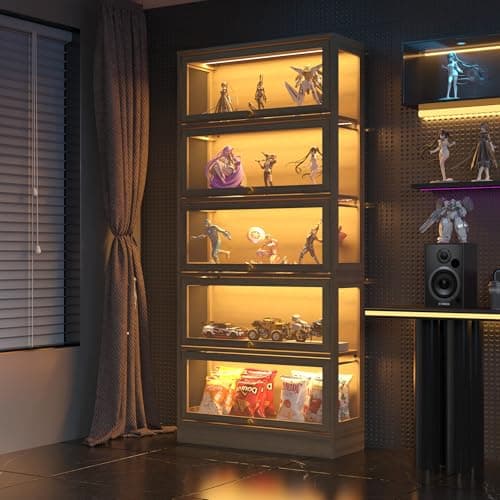 BONITURE Display Cabinet with Acrylic Glass Doors,5-Tiers Curio Cabinet with LED Lighting for Collectibles, Collectibles Toy Organizers Rack & Display Shelf Display Case Storage Cabinet, Nature
