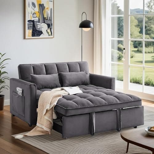 Trygoal 3-in-1 Sofa Bed, 53" Pull-Out Sleeper Sofa Bed with 3-Level Adjustable Backrest, Velvet Fabric Loveseat Sleeper Couch for Living Room & Bedroom & Apartment & Dorm Furniture, Dark Gray