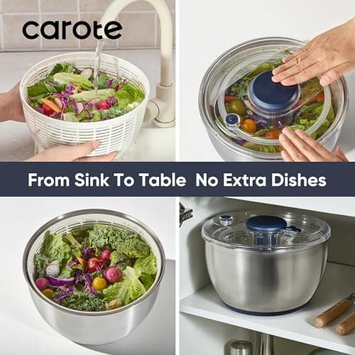 CAROTE 6.4 Qt Stainless Steel Salad Spinner, Large Lettuce Spinner Vegetable Fruit Washer, Vegetable Cleaner Salad Cleaner Lettuce Washer, Non-Slip Base, Multifunctional for Salad, Fruits 5