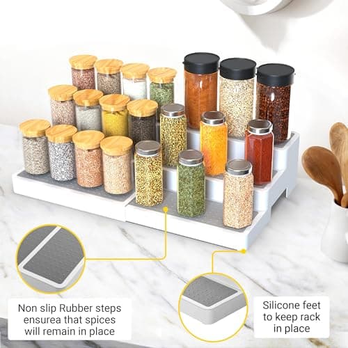 YAN & HIN Expandable Spice Rack Organizer for Cabinet (2 Pack), 3-Tier Tiered Spice Shelf Organizer with Non-Skid Surface, Adjustable Pantry Organizer for Spices, Cans & Medicine Cabinet 5