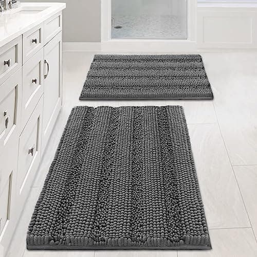 H.VERSAILTEX Grey Bathroom Rug Set Bath Mats, 2 Piece Bath Rugs Non Slip Thick Soft Chenille Striped Bath Rug Set, Bath Mats for Bathroom Sets (Grey, 20" x 32"/17" x 24")