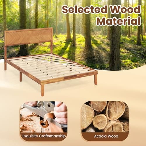 Giantex Wood Full Size Bed Frame with Headboard, Solid Acacia Wood Platform Bed with 12 Strong Wooden Slat Support, Scandinavian Style Art Deco Full Bed Frame, No Box Spring Needed, Rustic Brown 5
