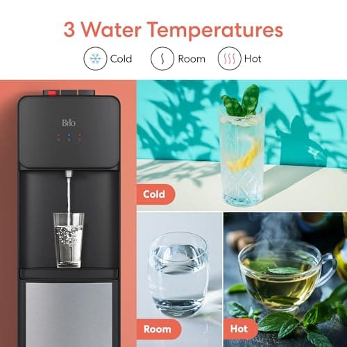 Brio 130 Series Top-Load Water Cooler Dispenser for 3- and 5-Gallon Bottles, Hot & Cold, Spill-Free Loading, Child Safety Lock, Energy Star 3.0, Black & Stainless 6