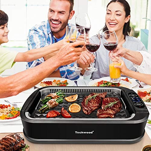 Indoor Grill, Techwood 1500W Smokeless Electric Grill with Tempered Glass Lid, Compact & Portable Non-Stick BBQ Grill with 6-Level Control, Dishwasher Safe, Black 6