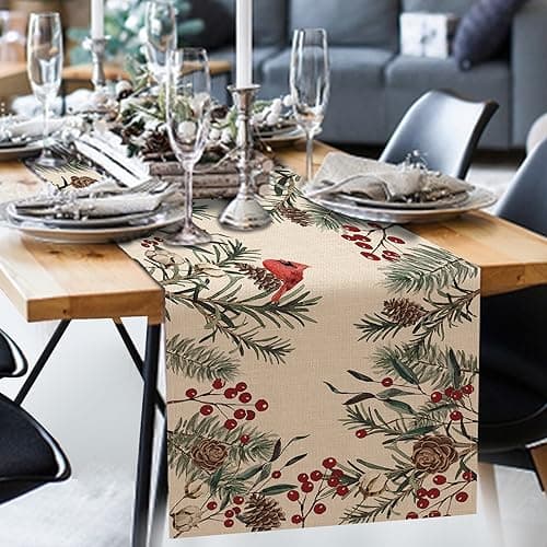 Seliem Winter Pine Needle Branches Table Runner, Pine Cone Cardinal Red Birds Berry Farmhouse Kitchen Dining Table Decor, Christmas Holiday Home Decoration Indoor Outdoor Party Supply 13 x 72 Inches 7
