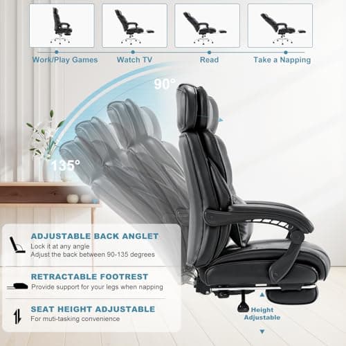 COLAMY Office Chair with Footrest, Ergonomic High Back Design Executive Computer Desk Chair with Removable Lumbar Pillow, 90-135°Reclining, Thick Bonded Leather for Home Office Work Comfort, Black 6