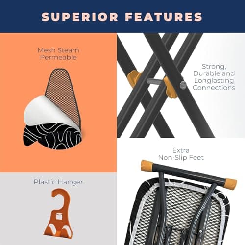 Ironing Board, Compact and Space Saver Ironing Board with Extra Thick 3 Layers Cover, Height Adjustable, Easy Storage with Smart Hanger and Heavy Duty Steel Legs, Black (13x43) 5