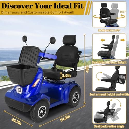 MS02 MAX All Terrain 1000W Electric Mobility Scooter for Adults& Seniors - 500LBS Load & 32 Miles Range Powerd Wheelchair Device w/Off-Road Absorber, Bluetooth Speaker, Dual Baskets, LED Light System 8