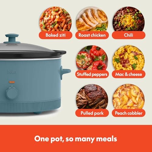 bella 6.0 Qt Manual Slow Cooker, Ceramic Nonstick Coating, 3 Temperature Settings, Dishwasher Safe Stoneware Pot and Tempered Glass Lid, Cool Touch Handles & Tangle Free Cord Wrap, Surf 5
