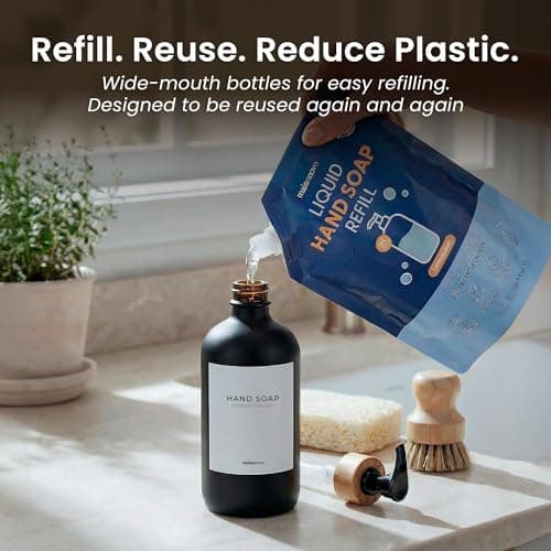 MaisoNovo Glass Dish Soap Dispenser for Kitchen Set of 2-16.9oz Dish and Hand Soap Dispenser Set for Kitchen - Black Glass Bottles x 2 with Black Bamboo Pumps & Tray 7