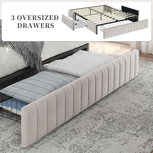 Yaheetech Queen Bed Frame Upholstered Platform Bed with 3 Storage Drawers, Large Storage Space/Strong Wooden Slats/Non-Slip and Noise-Free/No Fixed Headboard/No Box Spring Needed/Beige Queen Bed 8