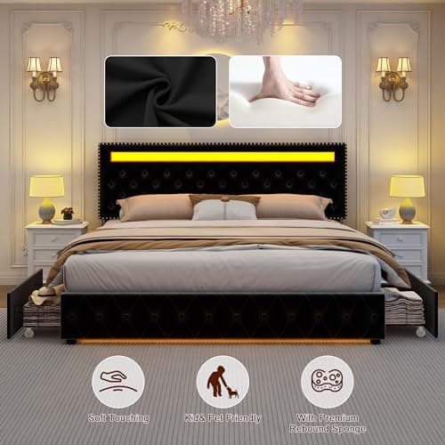 GEGOFORU Full Led Bed Frame with 4 Storage Drawers, with Smart Control RGBW LED Lights Headboard Footboard, Control DIY Color, Box Spring Optional, Black-Velvet 6