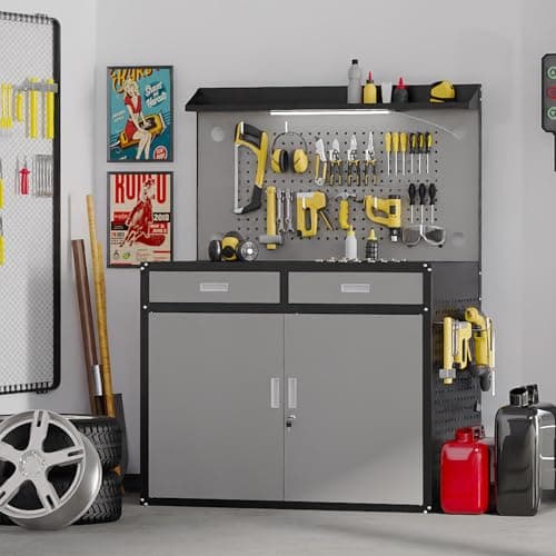 65" Heavy Duty Workbench with Drawers and Lockable Storage Cabinet- 2500 LBS Capacity Work Bench with Pegboard,Work Table with Adjustable LED Light for Garage,Workshop and Repair Shop 7