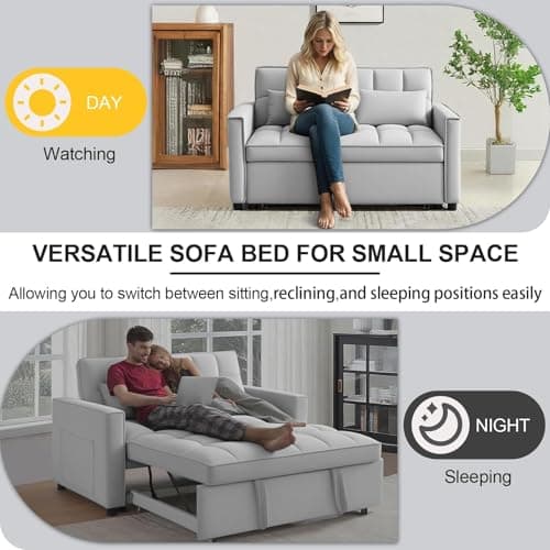 Trygoal Convertible Sofa Bed, Pull Out Couch with Side Pockets, 3 in 1 Velvet Fabric Loveseat Sleeper Sofa Bed, Pull Out Couch with Adjustable Backrest for Living Room, Bedroom, Apartment, Light Gray 6