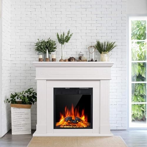 44" Electric Fireplace with Mantel, Freestanding Fireplace Heater, 750–1500W LED Log Firebox with Remote Control, Pearl White 6