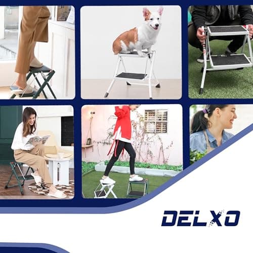 Delxo Portable Collapsible Lightweight Alloy Steel 2 Step Mini Stool Stepladder with Anti Slip Carry Hand Grip and Wide Pedal for Indoor Use, White 5