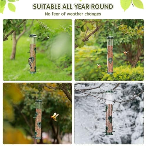 Metal Bird Feeder Tube Hanging Wild Bird Seed Feeder Aluminum Six Port Bird Feeders,1.4 mm Extra Thick Solid Tube Transparent with Steel Hanger Great for Attracting Birds 6