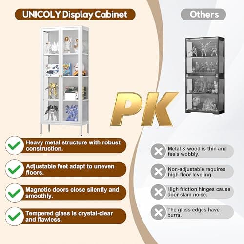 UNICOLY Display Cabinet with Glass Doors, Glass Display Cabinet 4-Tier, Metal Curio Display Cabinet with Tempered Glass Doors for Living Room, Plant, Display Shelf, Assembly Required, White 6