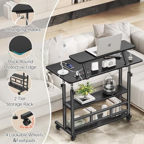 Adjustable Height Standing Desk with Power Outlets, Rolling Stand Up Desk with Monitor Stand and Storage Shelves, 31.5" Small Mobile Computer Desk, Portable Laptop Table (Black with Monitor Stand) 7