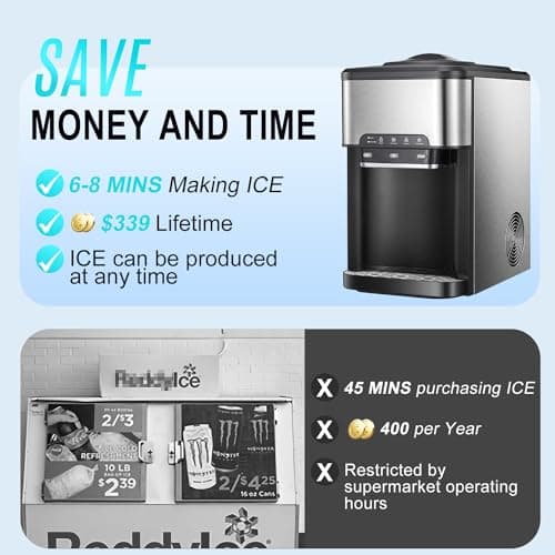 NUNET 3-in-1 Ice Maker Water Dispenser Water Cooler Filled by Water Line w. 10ft Water Inlet Hose 1/2" &1/4" Connector Hot/Cold Water Ready Makes 44 lbs Ice Daily Stores 4lb Ice 6