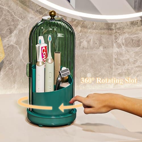 Zufudo Toothbrush Holders with Cover, Drainage Rotating Electric Toothbrush Organizer, 3 Slots Tooth Brush Holder for Bathroom Counter, Green 5