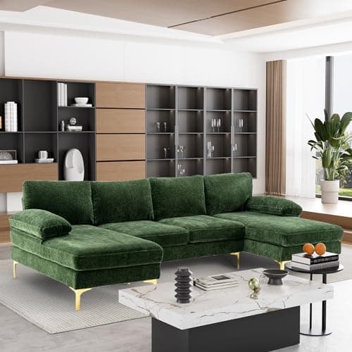 110" Cloud Sectional Sofa with Extra Deep Seat,U Shaped Sectional Couches for Living Room,4 Seater Chenille Sofas & Couches,Modern Apartment Couch with Double Chaise Lounge(Green)