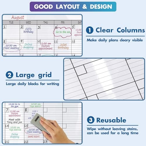 Dry Erase Monthly Extra Large White Board Calendar for Wall, 38" by 50", Jumbo Laminated Erasable One Month Whiteboard Calendar, Huge Oversized Blank 30-Day Poster with Lines and Squares 5