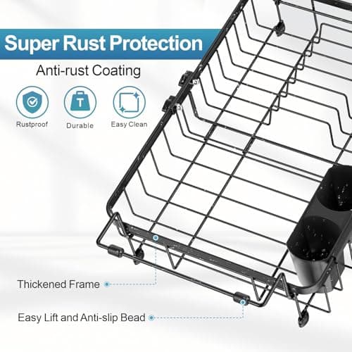 iSPECLE Expandable Dish Drying Rack for Kitchen Sink - Heavy Duty Adjustable Over The Sink Dish Drainer with Square Corners, Rust Resistant with Lock Knob, Fit for Modern Single & Double Sinks, Black 6
