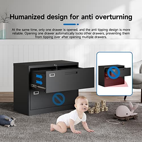 BYNSOE 2 Drawer Lateral File Cabinet Metal Filing Cabinet with Lock Office Home Steel Lateral File Cabinet for A4 Legal/Letter Size Lockable Wide Metal Cabinet,Assembly Required(2 Drawer, Black) 5