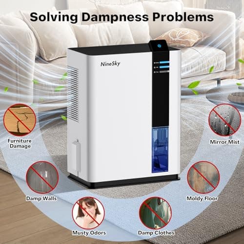 NineSky Dehumidifier for home, 98 OZ Dehumidifier for Room, Dehumidifiers for Bathroom, Bedroom, Basement (800 sq. ft.) with Auto Shut Off, 5 Colors LED Light(H2 White) 8