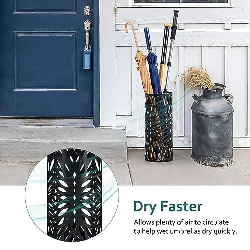 LAND·VOI Umbrella Holder, Umbrella Stand for Entryway, Metal Umbrella Organizer with a Detachable Drip Tray, Round Umbrella Rack Freestanding, 6.7 x 6.7 x 16 Inches, Black DUH11B 5
