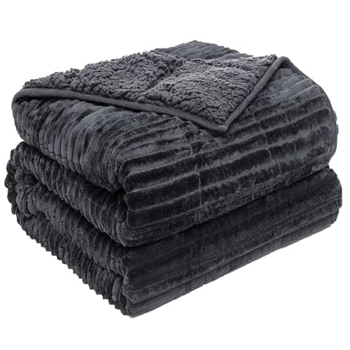 Sherpa Fleece Adult Weighted Blanket with Ribbed Stripes, 15 Pounds Dual Sided Soft Plush Blanket for Couch Bed Sofa, Heavy Thick Blankets with Ceramic Beads Great for Sleep, Dark Grey, 48" x 72"