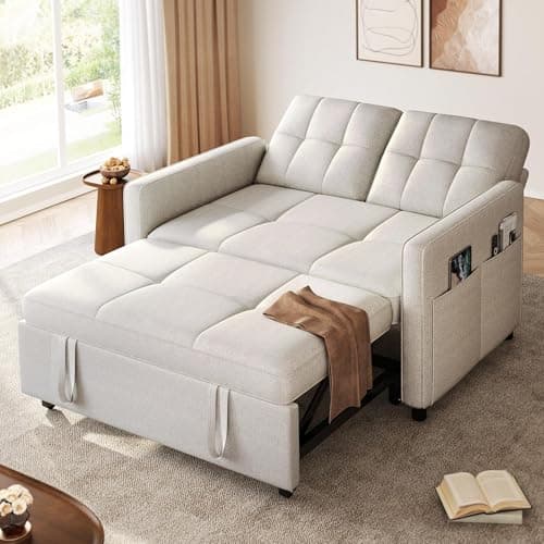 DWVO 55" Convertible Sofa Bed, 3-in-1 Sleeper Sofa with Pull-Out Bed, Linen Futon Couch with Adjustable Backrest and Side Pocket, Modern Loveseat for Living Room Apartment, Light Beige