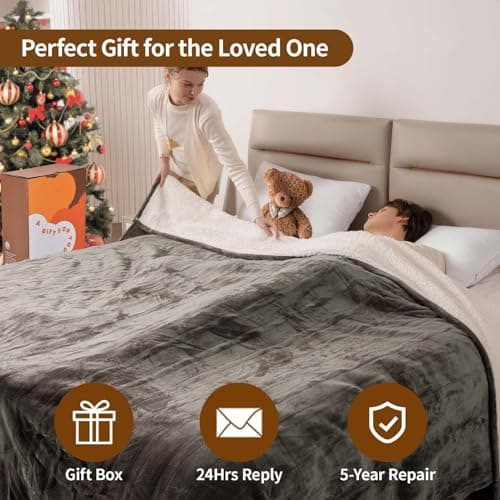 Bearhug Electric BlanketKing Size Heated Blanket 100"x 90" Warming Blanket Dual Controllers Velvet & Sherpa, 10 Levels & 0.5-12H Auto Off, Over-Heat Protect, ETL, Machine Washable 6