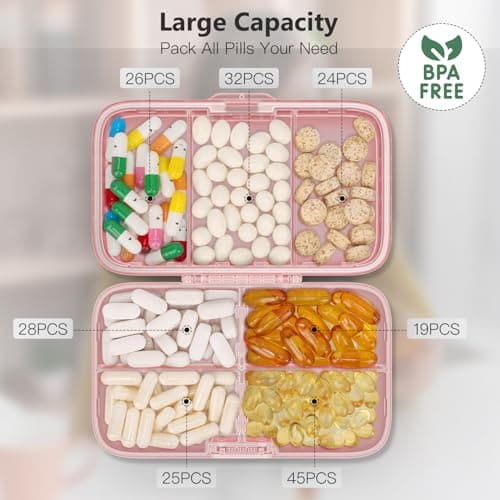 FYY Weekly Pill Organizer with Labels,8 Compartments Travel Daily Pill Case Airtight Moistureproof Large Pill Box to Hold Vitamins, Fish Oil, Supplements,Cotton Swab and Bandages-Pink 6