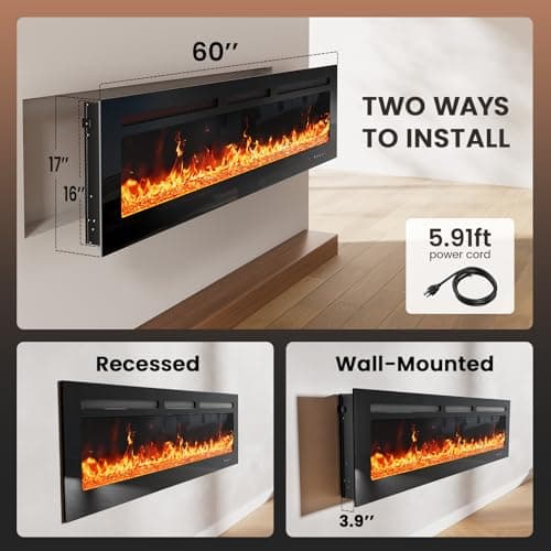 Silonn 60″Smart Electric Fireplace Heater with App & Remote Control, 5300 BTU Heat Output, Ultra-Slim Wall-Mounted or Recessed Electric Fireplace Inserts with Timer, 20 Flame Colors,WiFi Enabled 6