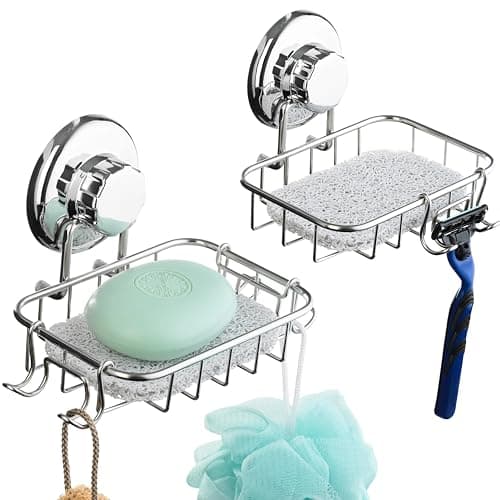 HASKO 2-Pack Suction Cup Soap Holder – Bar Soap Dish for Shower with Hooks for Bathroom – Optional Mounting with Adhesive Tape or Glue – Includes 2 Soap Savers – Stainless Steel SS304 - Silver