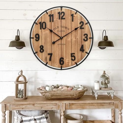 EMAX HOME Large Old Town Farmhouse Wall Clock 24 Inch Rustic Antique Wood with Metal Circle and Large Numerals Silent Battery Operated Wall Clock for Office Kitchen Bedroom Living Room 5