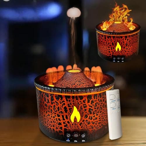 Cechlicht Volcano Diffuser, Essential Oil Diffuser 300ml Volcano Humidifier with Flame & Volcano Mist Mode, 2 Colors, Timer, Auto Shut-Off, Remote Control, Flame Diffusers for Home Bedroom Black