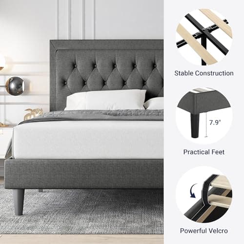 Allewie Queen Size Button Tufted/Fabric Upholstered Bed Frame with Adjustable Headboard/Wood Slat Support/Mattress Foundation/Dark Grey 5