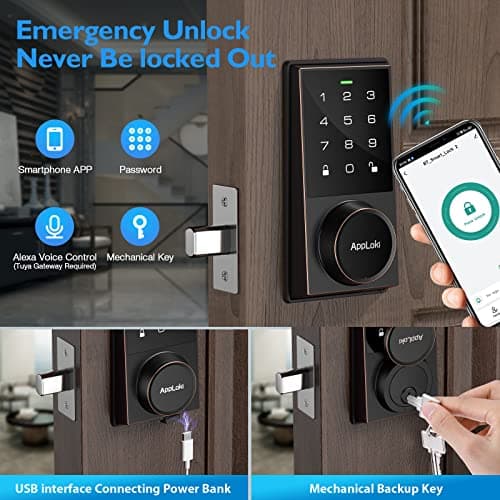 AppLoki Smart Lock, Keyless Entry Door Lock with Bluetooth/Alexa Voice Control, Touchscreen Keypad Deadbolt APP, E-Key, Code, Key, Auto-Lock, Front for Home Apartment Hotel 5