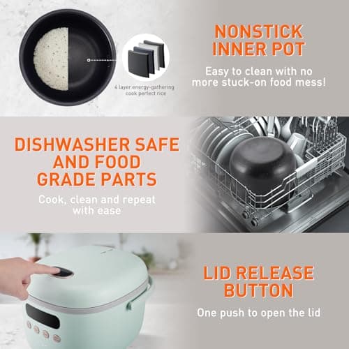Bear Rice Cooker 4 Cups (UnCooked), Rice Cooker Small, 6 Cooking Functions, Advanced Fuzzy Logic Micom Technology, 24 Hours Preset Keep Warm, for White/Brown Rice Quinoa Oatmeal Soup Cake, 2L Green 6