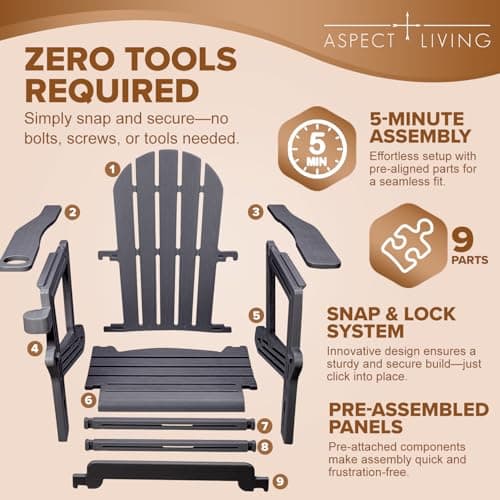 Aspect Living Adirondack Chairs - HDPE Weather Resistant, No Tools and Hardware Required 5-Minute Assembly, Patio, Firepit or Lawn Chairs, Black 7