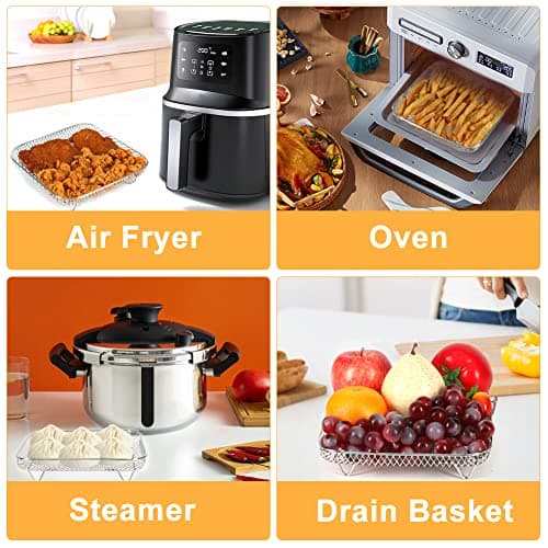 BYKITCHEN 8 inch Square Air Fryer Rack, 3pcs Stackable Stainless Steel Dehydrator Rack with Silicon Feet, Square Air Fryer Accessories for Cosori, Instant Vortex, Ninja Pro XL 6.5 QT AF181 & More 8