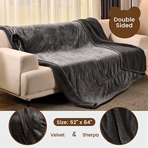 Bearhug Electric Blanket Twin Size, Fast Heating Heated Blanket, Over Heat Protect and ETC Certified Gray-Velvet & Sherpa, 62" × 84", Machine Washable 5