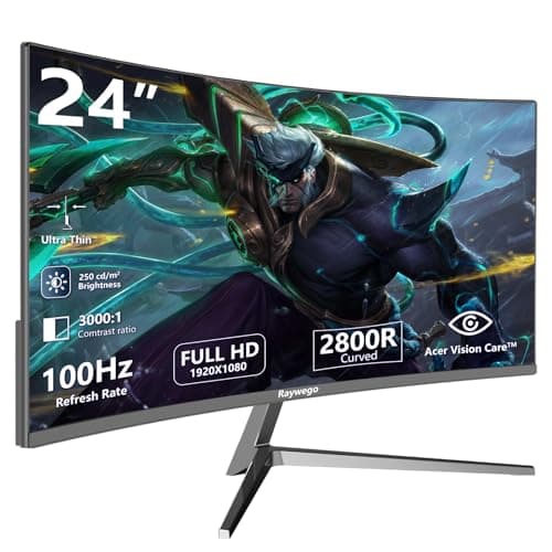 Raywego 24 inch Curved Monitor 100Hz FHD 1920x1080p Refresh Rate 16:9 Aspect Ratio Ergonomic Tilt & VESA Compatible - Home Office Gaming Monitor Sync Visual Experience for Work & Play