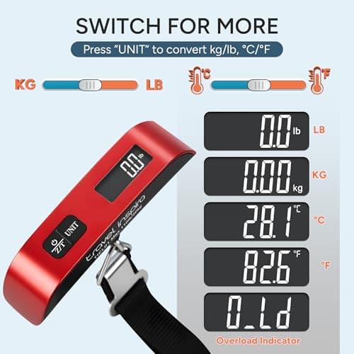 travel inspira Luggage Scale, Portable Digital Hanging Baggage Scale for Travel, Suitcase Weight Scale with Rubber Paint, 110 Pounds, Battery Included - Red 8