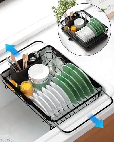 Kitsure Dish Drying Rack for Kitchen Counter, Stainless Steel Sink Organization and Storage Essentials with Cutlery Holder, Home and Appartment Decor, 12.2''W x 15.7''~23''L, Black